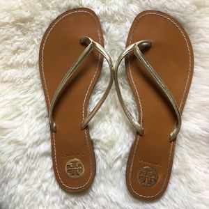 Tory Burch Metallic Gold Thong Leather Sandal 11